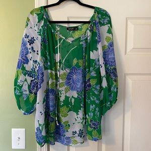 Ana Green Blue Floral Peasant Blouse 2X